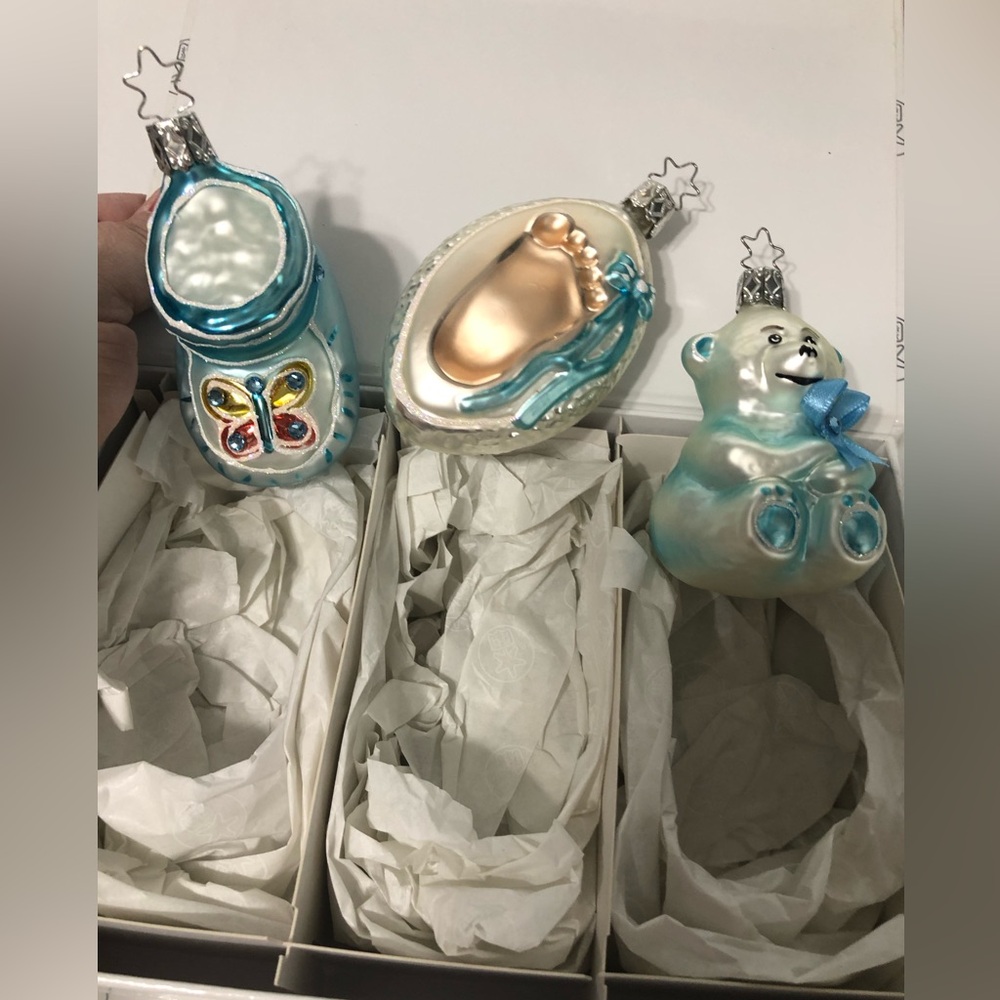 Baby‎ boy ornaments in box baby shoe, footprint, bear baby gift Christmas gift